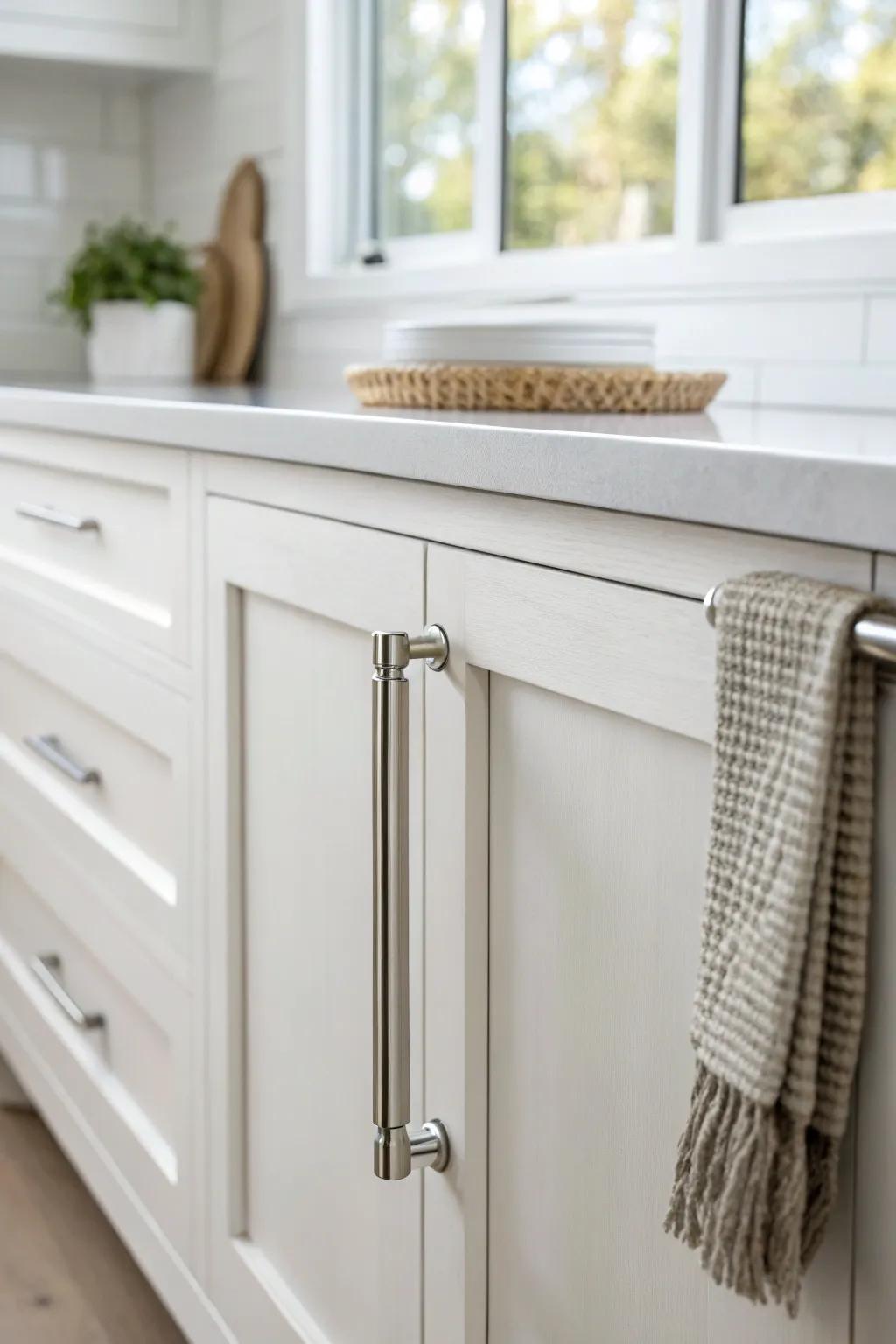 Polished chrome pulls add bright, clean contrast on cool-toned Shaker cabinet doors.