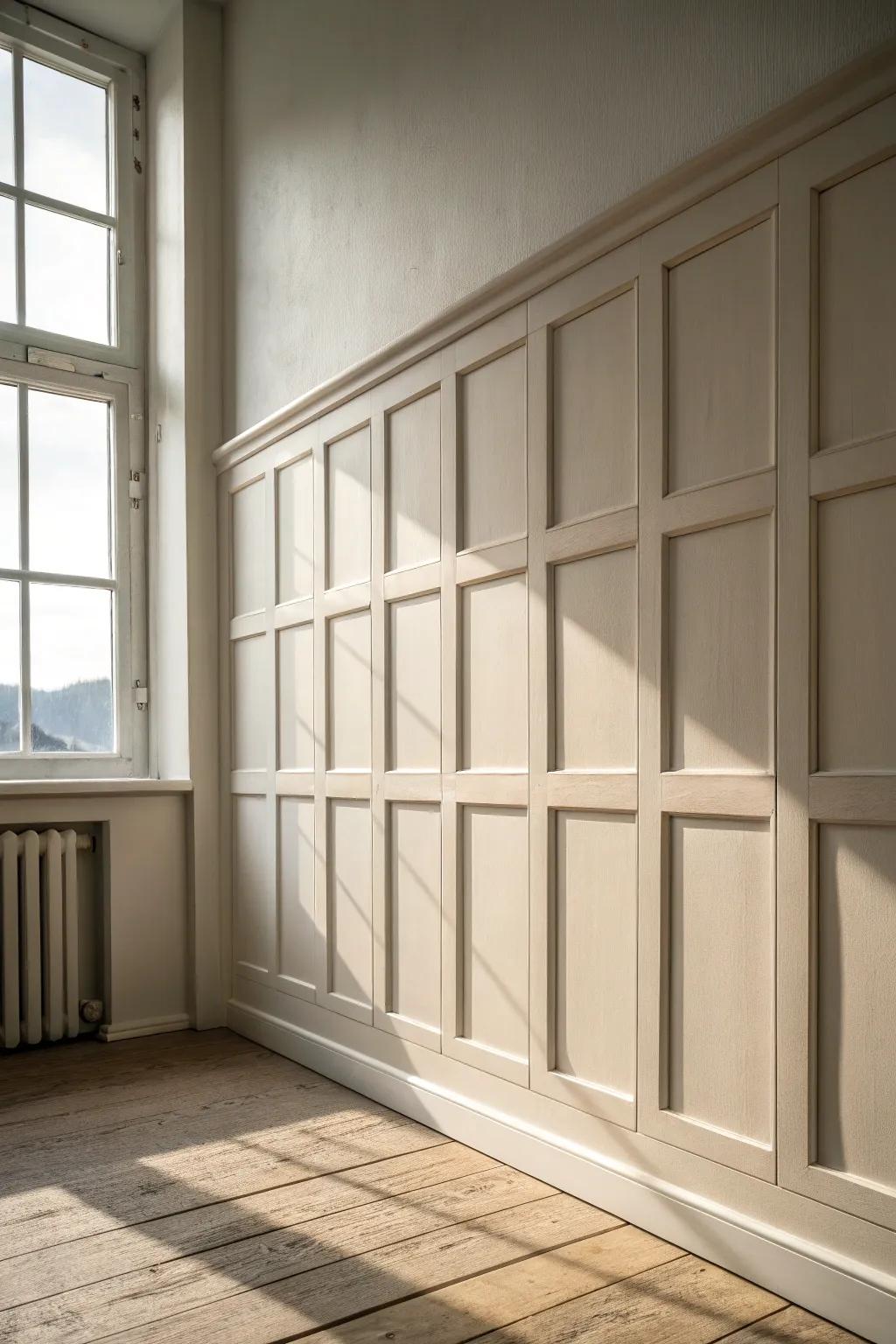 Monochrome Shaker panels create quiet, seamless texture with elegant shadow-play.