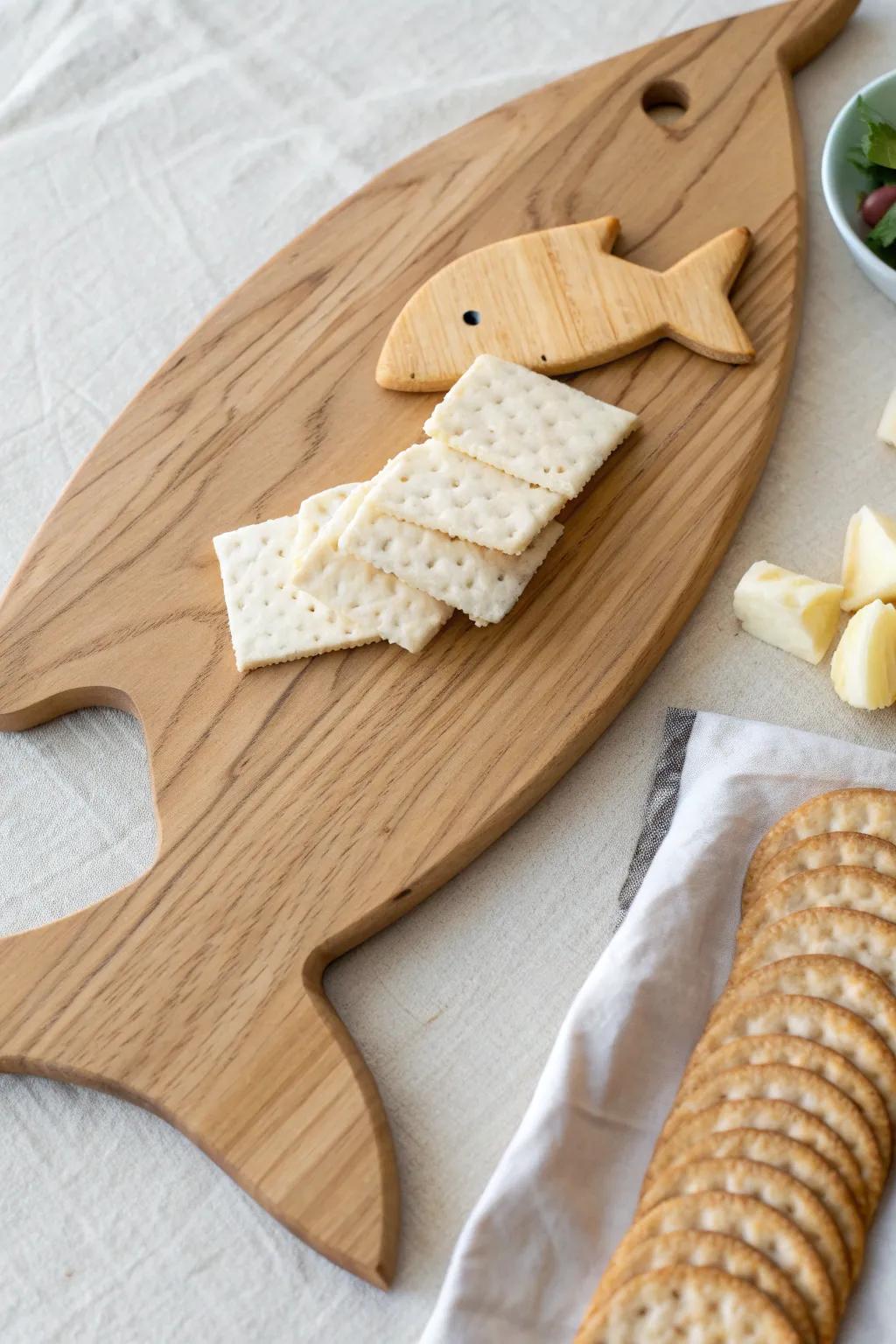 Cracker waves frame the shark board like a chic shoreline—minimal, coastal, and craft-forward.