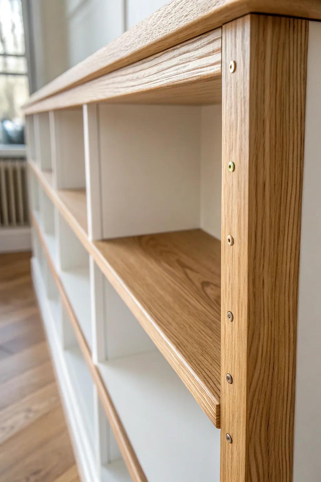 Hide a rough shelf lip with a slim oak trim strip—an instant custom look in one afternoon.