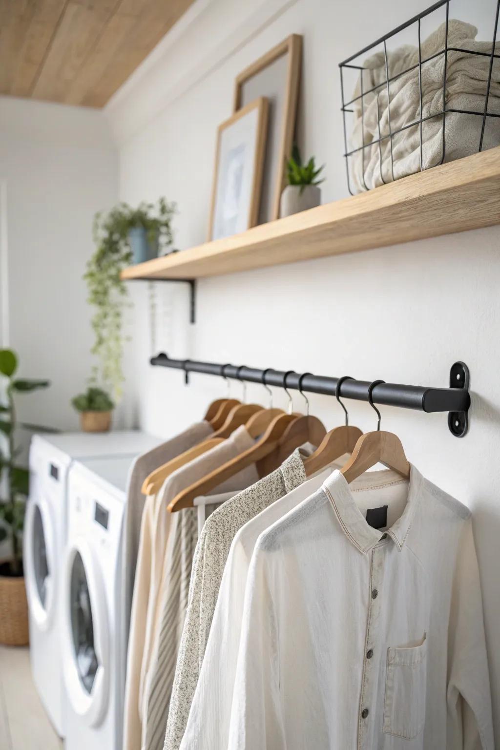 A sleek oak shelf with an under-rod keeps air-dry pieces tidy above your washer and dryer.