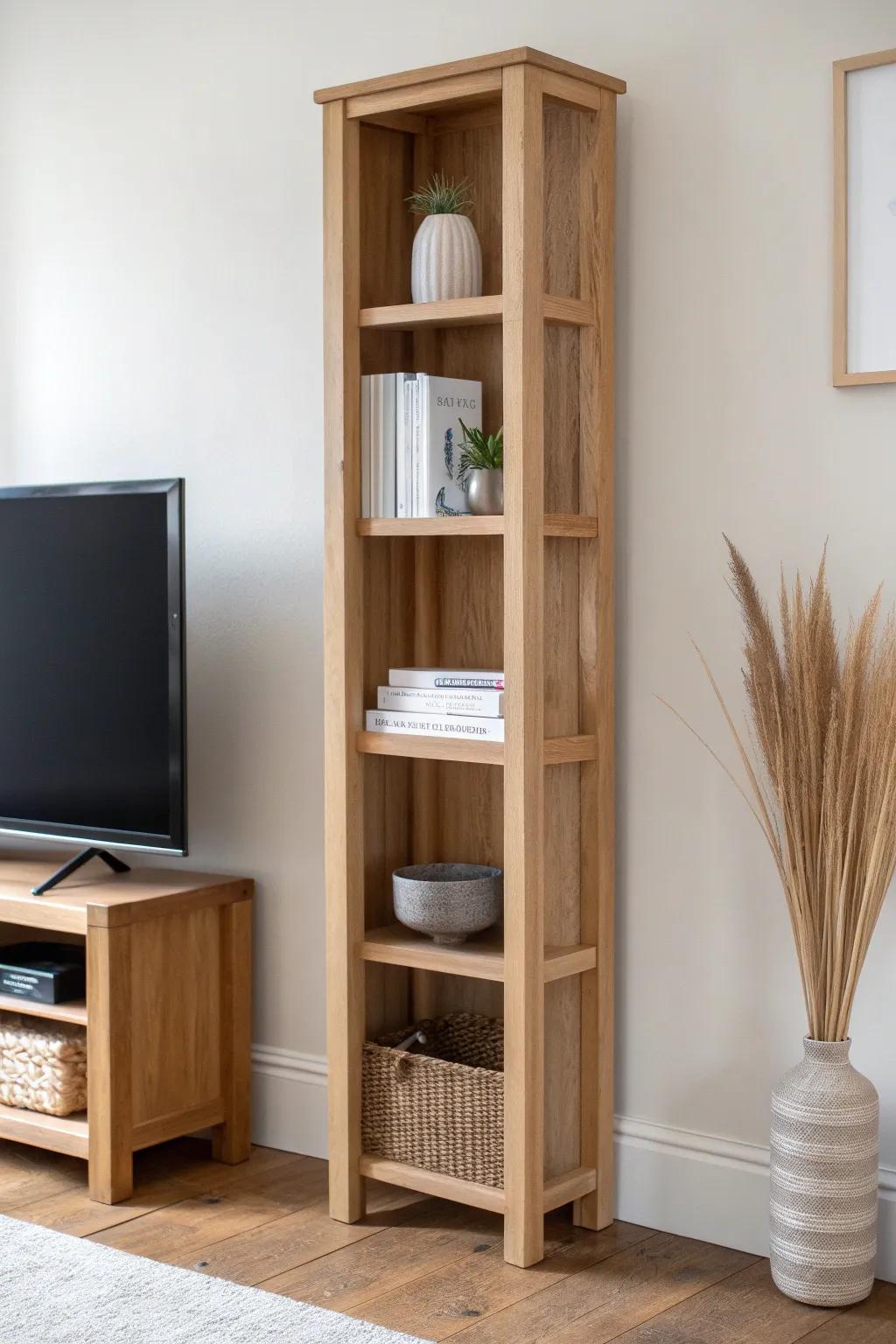 Skinny vertical shelf tower beside the TV—big storage, tiny footprint for small rooms.