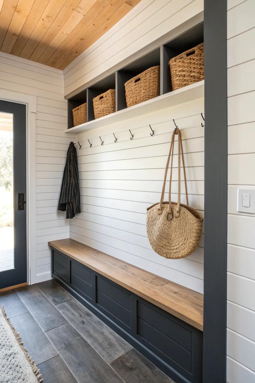 Two-tone shiplap mudroom wall: dark boot-zone below, bright airy boards above—clean and cozy.