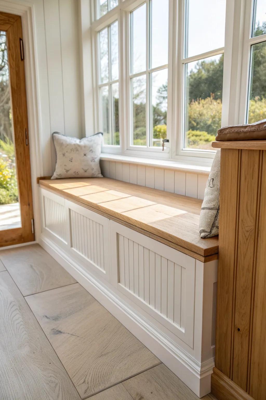 A bright shiplap window seat with hidden storage—Scandi simple, warm oak, sunlit calm.