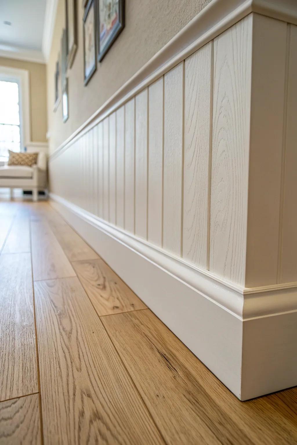 A crisp vertical stop trim gives mid-wall shiplap a clean, finished edge.