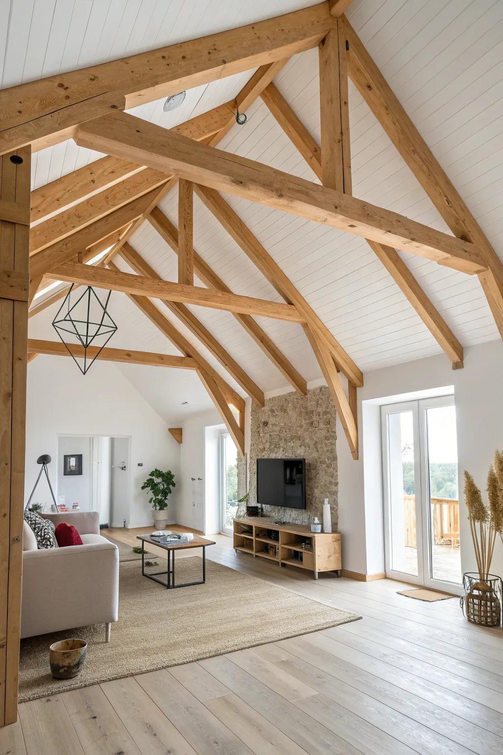 Clear-coated exposed truss detail—vaulted shouse warmth with Scandinavian calm and boho softness.