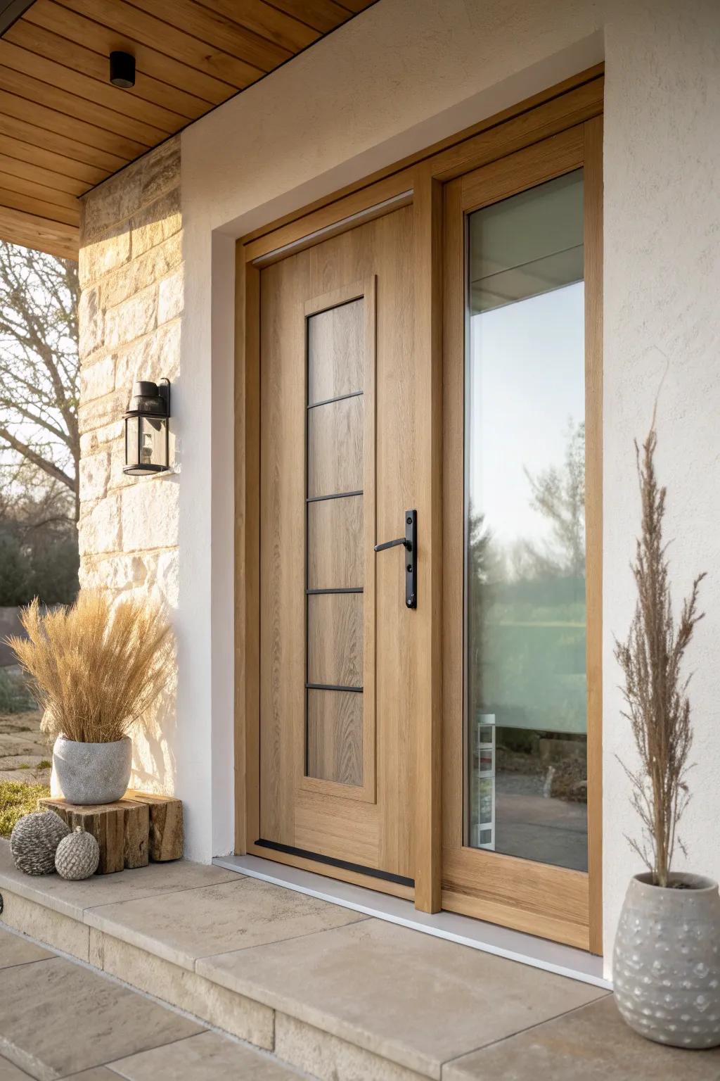 Frosted glass brings soft daylight to a single front door—bright, calm, and private.