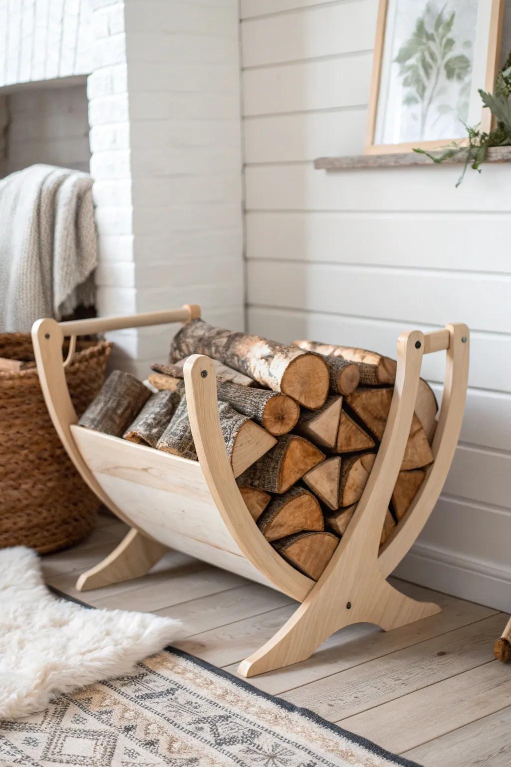 Neatly stacked birch logs in a simple wood cradle add instant ski-lodge warmth and texture.