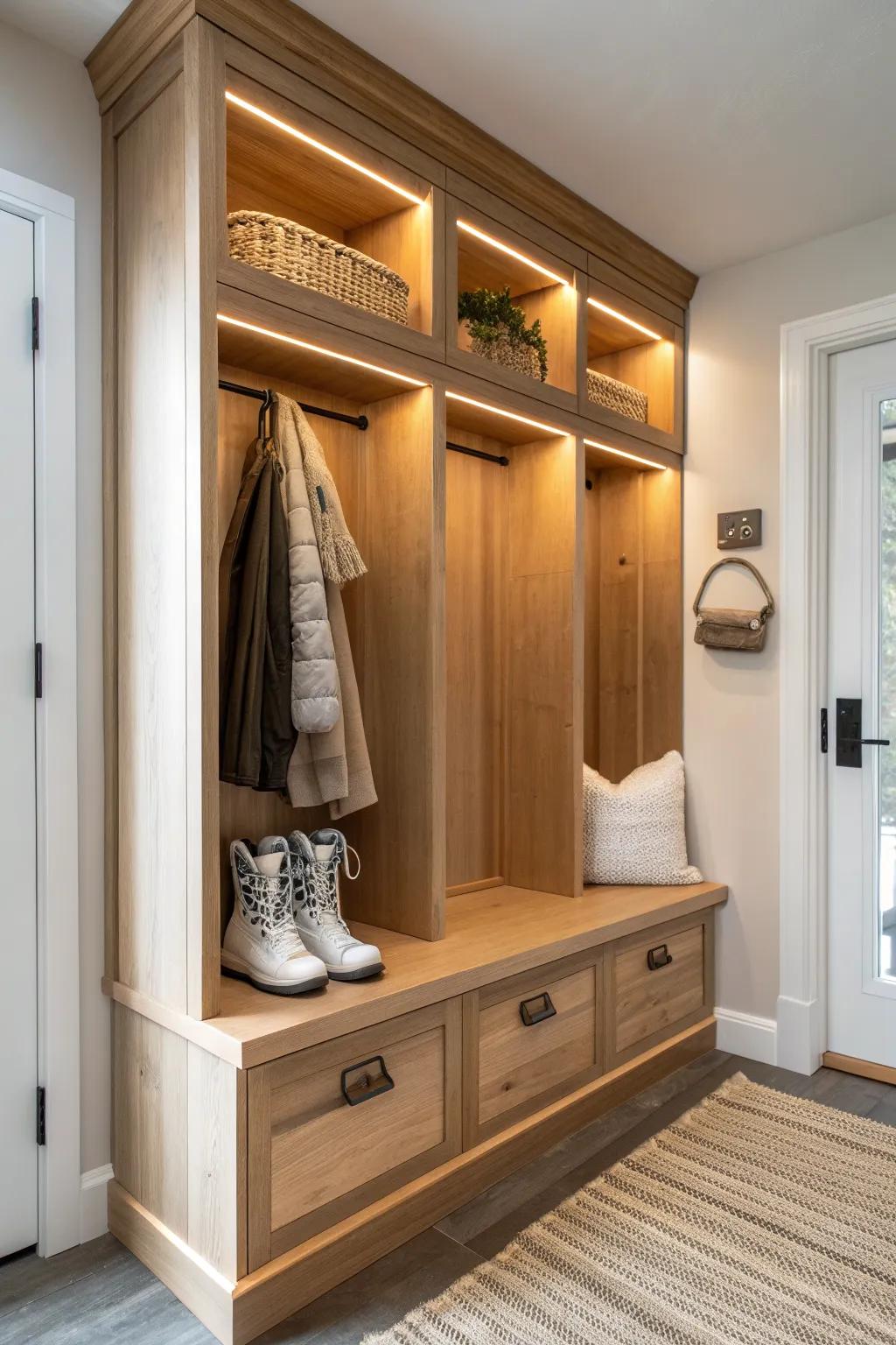 Warm LED cubby lighting turns ski storage into a cozy, dawn-ready moment in natural oak.