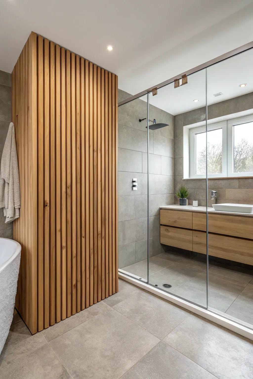 Oak slat wall next to frameless shower glass—minimal contrast, sealed with satin topcoat.