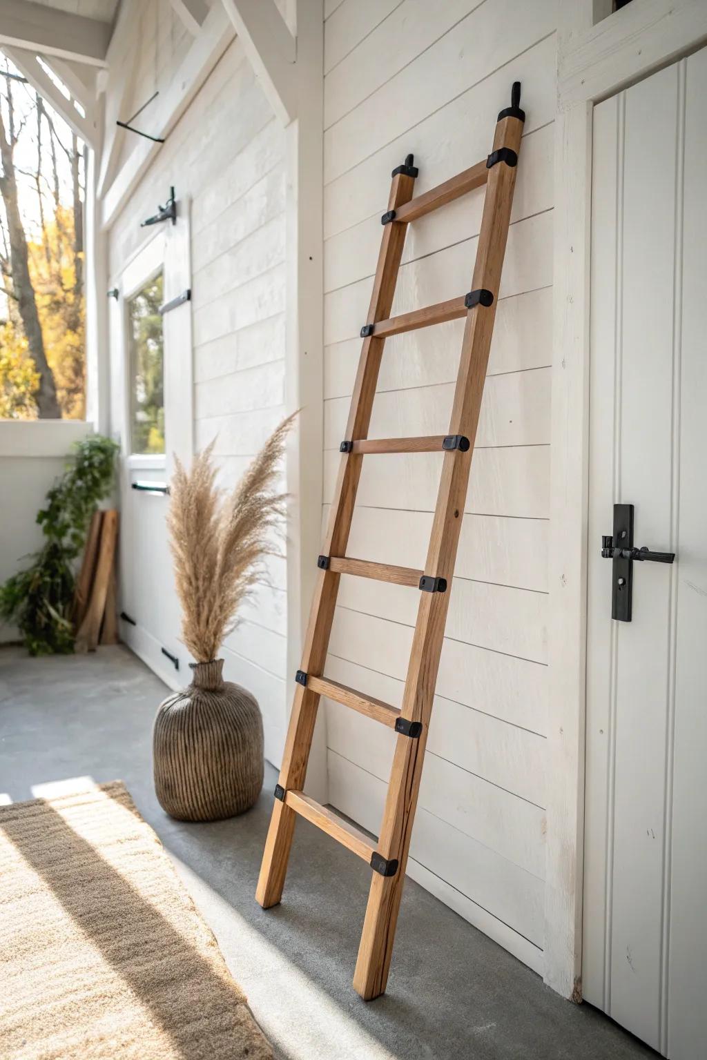 Free up floor space with sturdy slat-wall brackets that store a ladder in style.