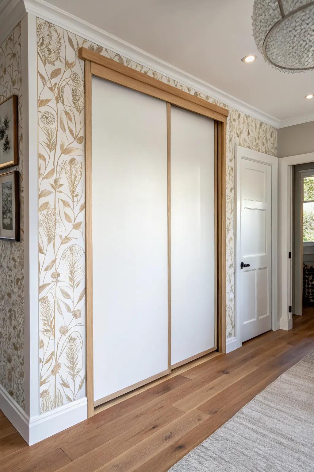 Trim-framed wallpaper insets: the easiest low-commitment way to elevate sliding closet doors.