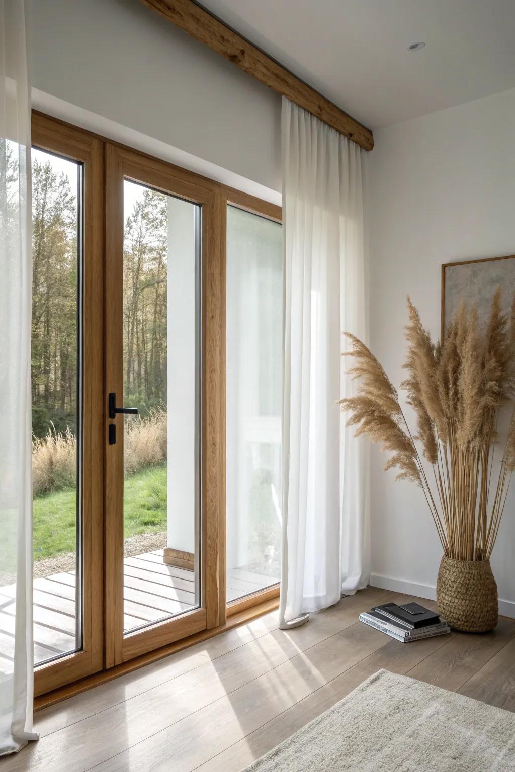 Soft painted side trim with a warm stained oak header—subtle contrast for sliding doors.