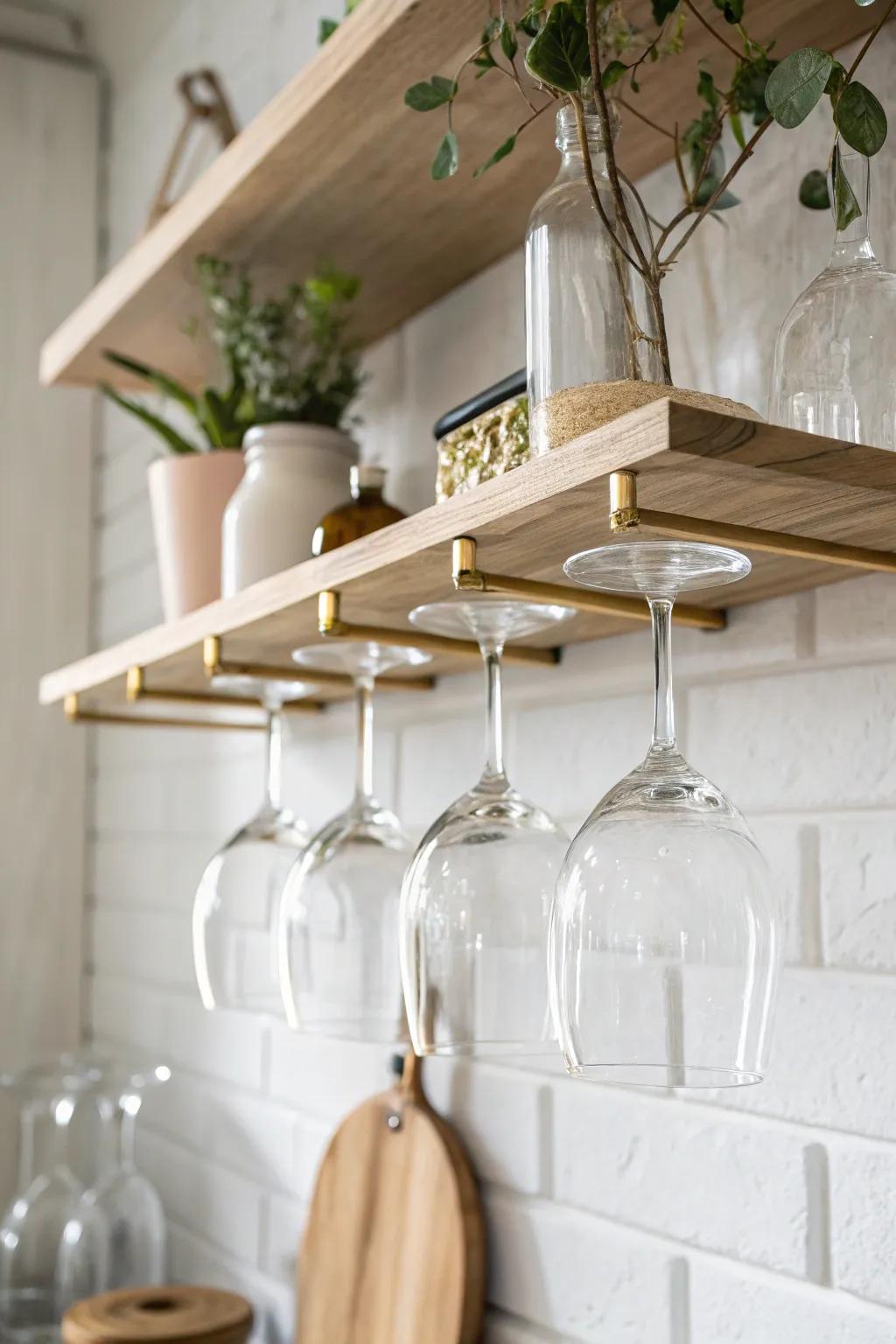 Under-shelf stemware rack: a chic space-saver that keeps your bar counter airy and elegant.