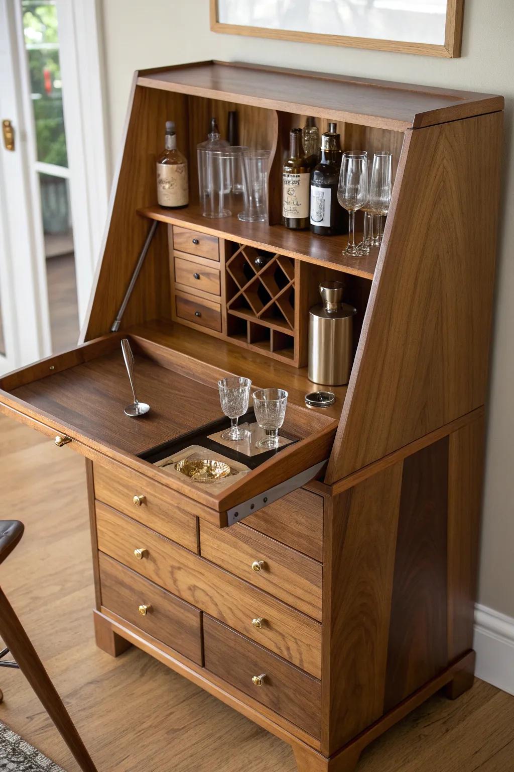 A secretary desk becomes a hidden mini bar—fold down to mix, tuck it away when done.