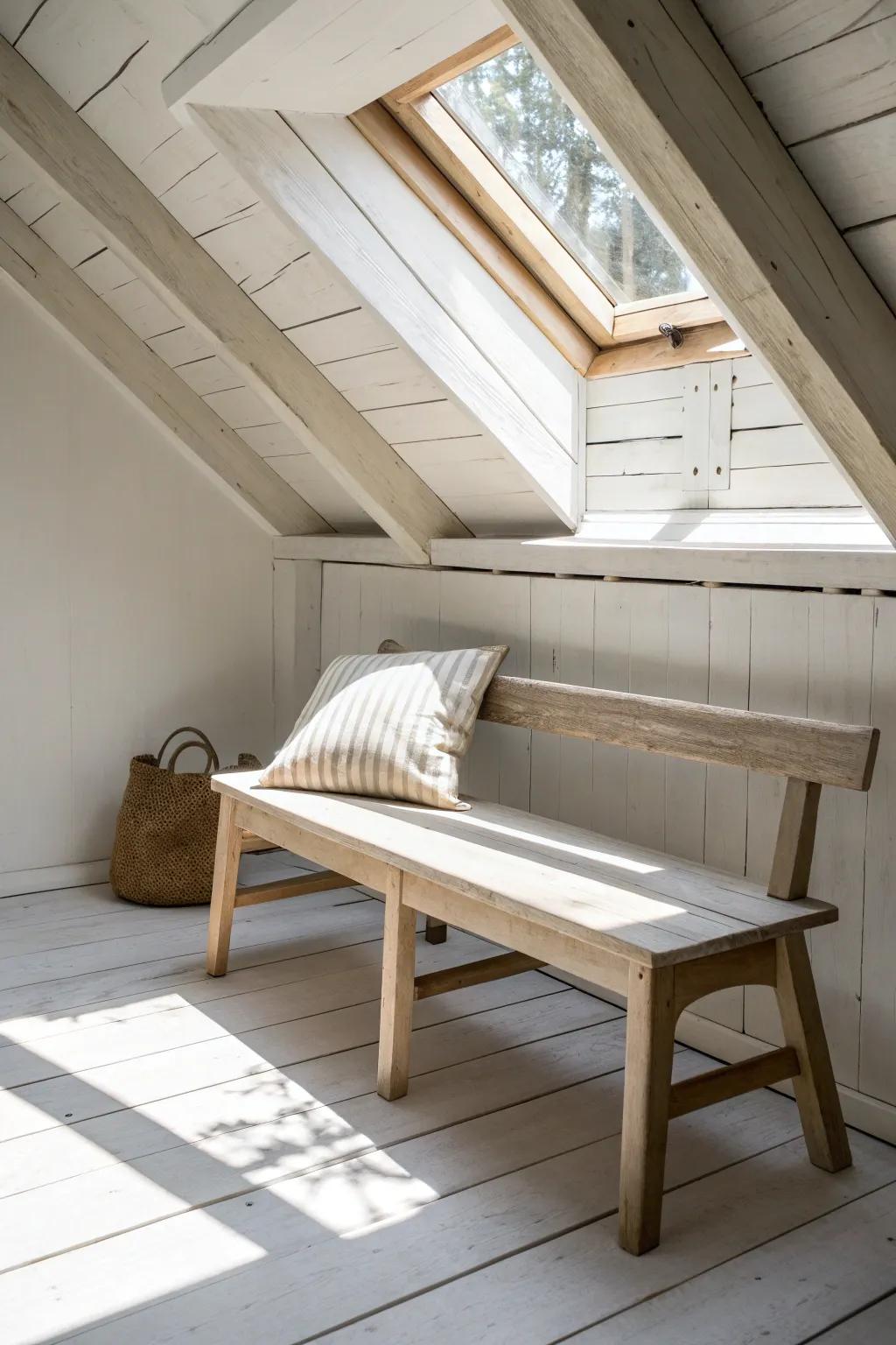 A tiny oak bench under the skylight turns a small barn loft into the sweetest reading nook.