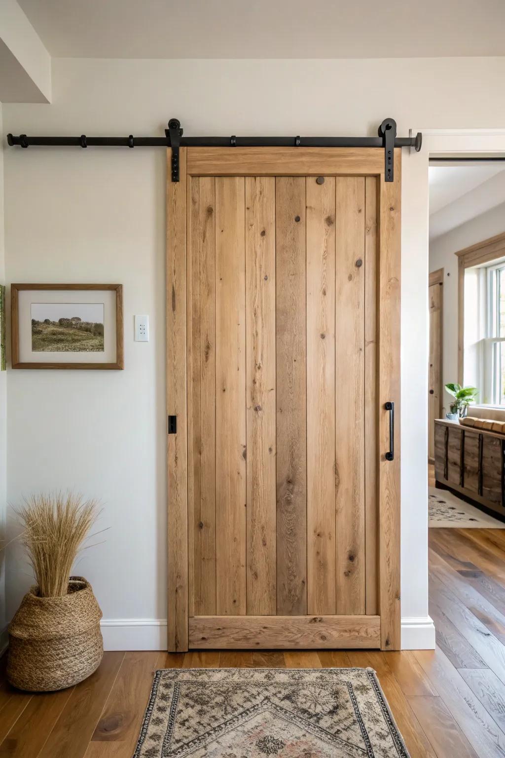Space-saving sliding barn door that doubles as warm, textured wall art in a small barndominium.