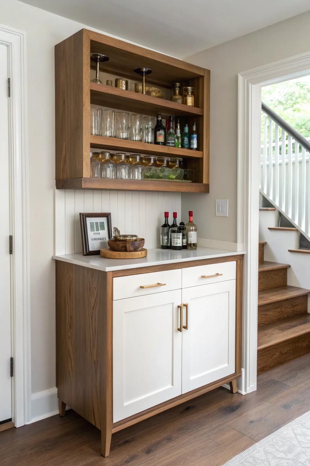 Two-tone stained base + painted shelves: a bright, custom look that keeps a small bar cozy.