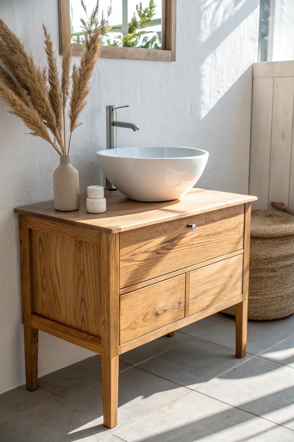 Petite wood vanity + sculptural vessel sink—tiny powder room idea with big character.