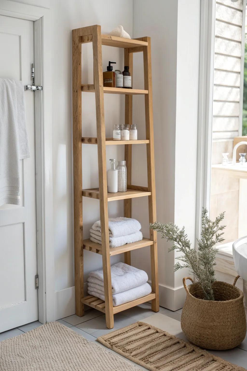 A behind-the-door slim oak shelf tower—bonus storage for towels and backups without bulk.
