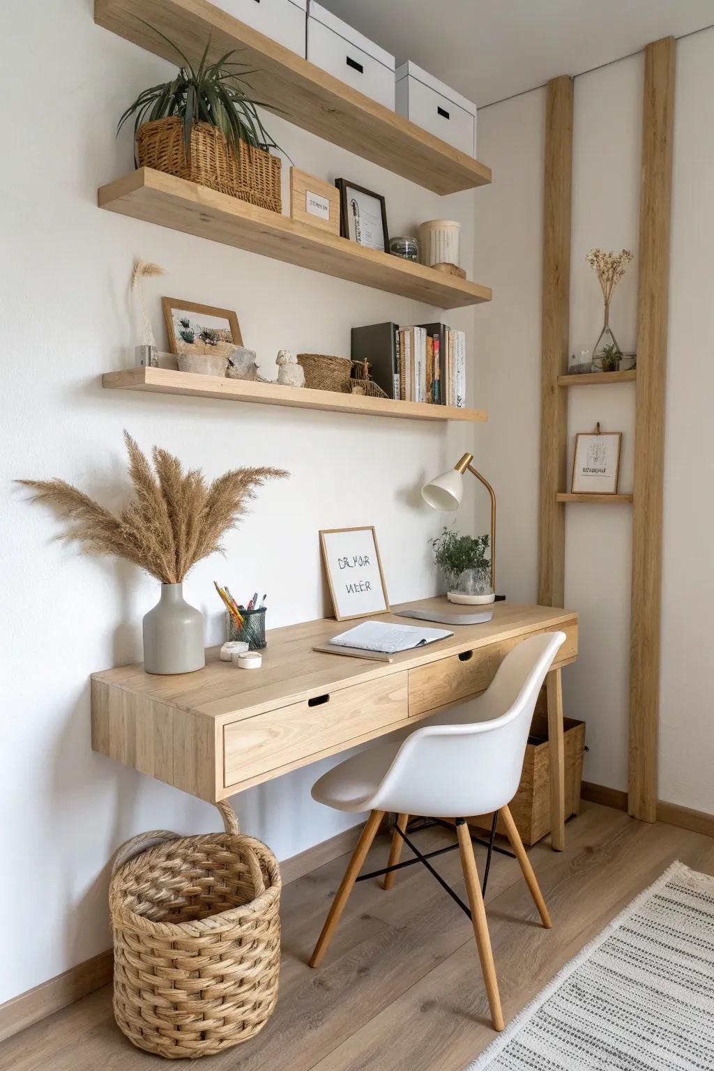Go up, not out: floating oak shelves over the desk to free space in a small bedroom office.