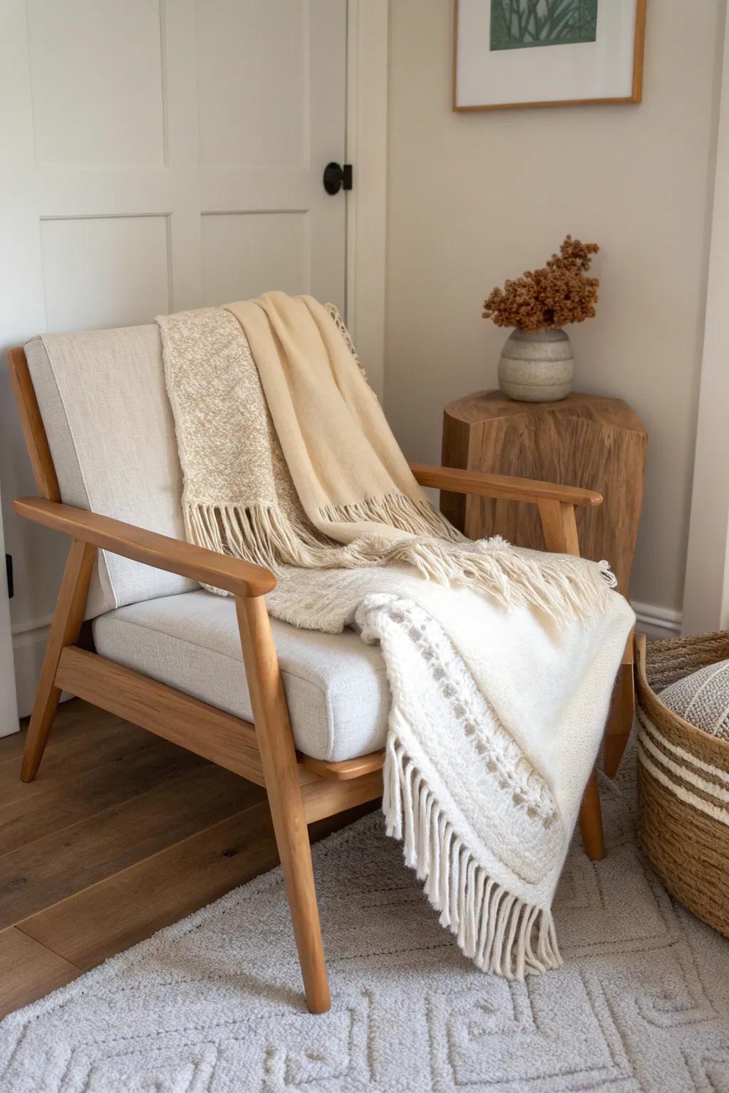 Layer wool, chunky knits, and a sheepskin on one wooden chair for cozy cabin texture.