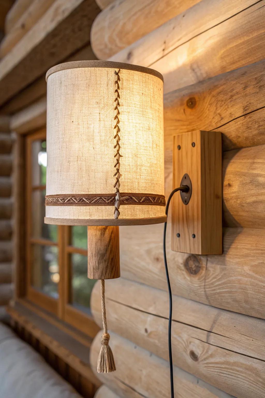 Layered, warm lighting turns a small cabin wall into an inviting focal point after dark.