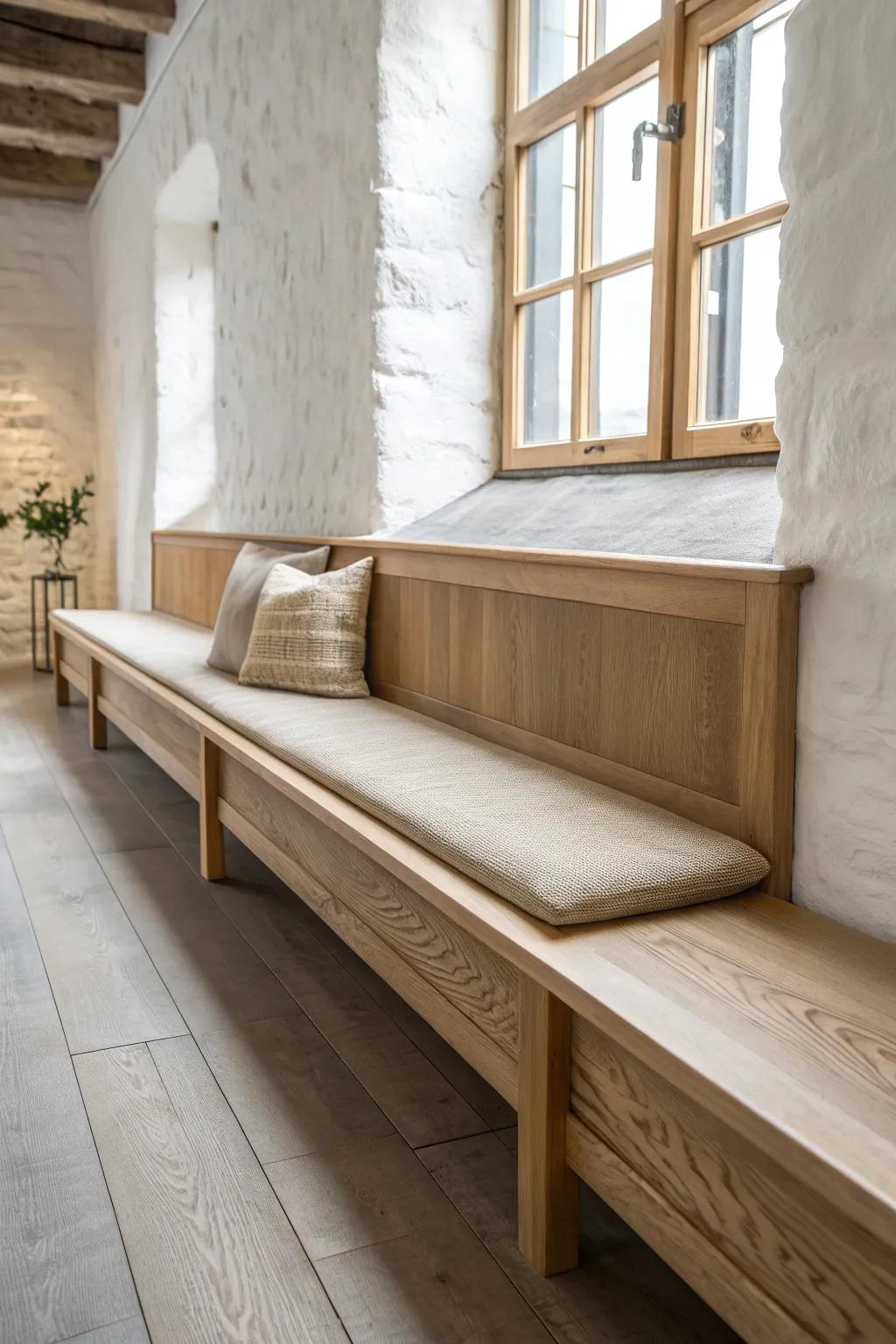 A clean galley-style oak bench keeps narrow cafes calm, cohesive, and beautifully clutter-free.