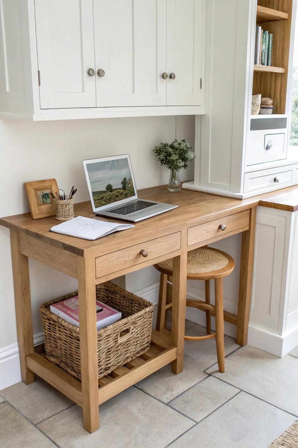 A bright kitchen-corner desk in sealed oak—mail drop zone + quick work spot, beautifully tidy.