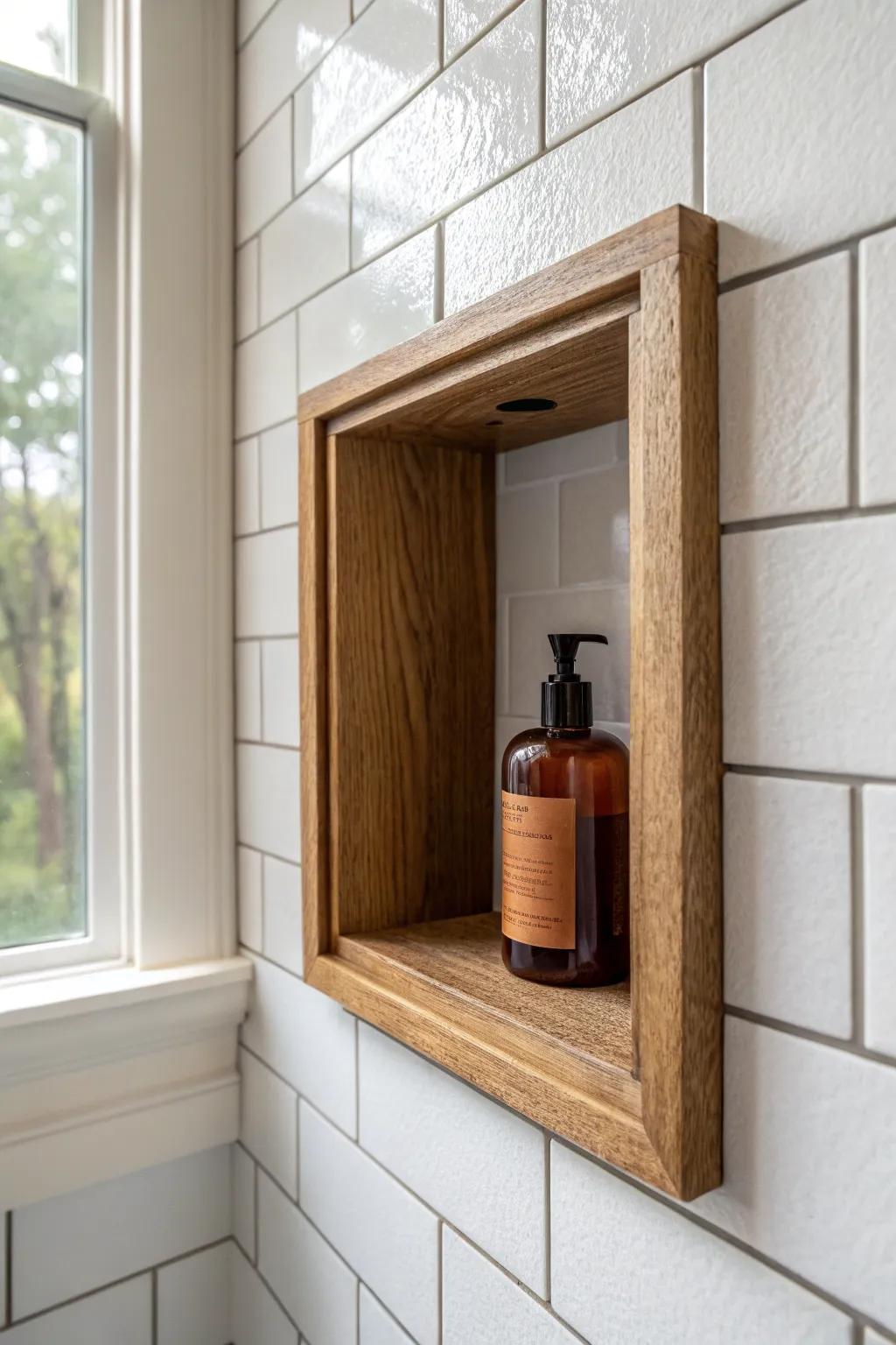 A recessed shower niche with warm wood trim adds built-in Craftsman charm to small baths.