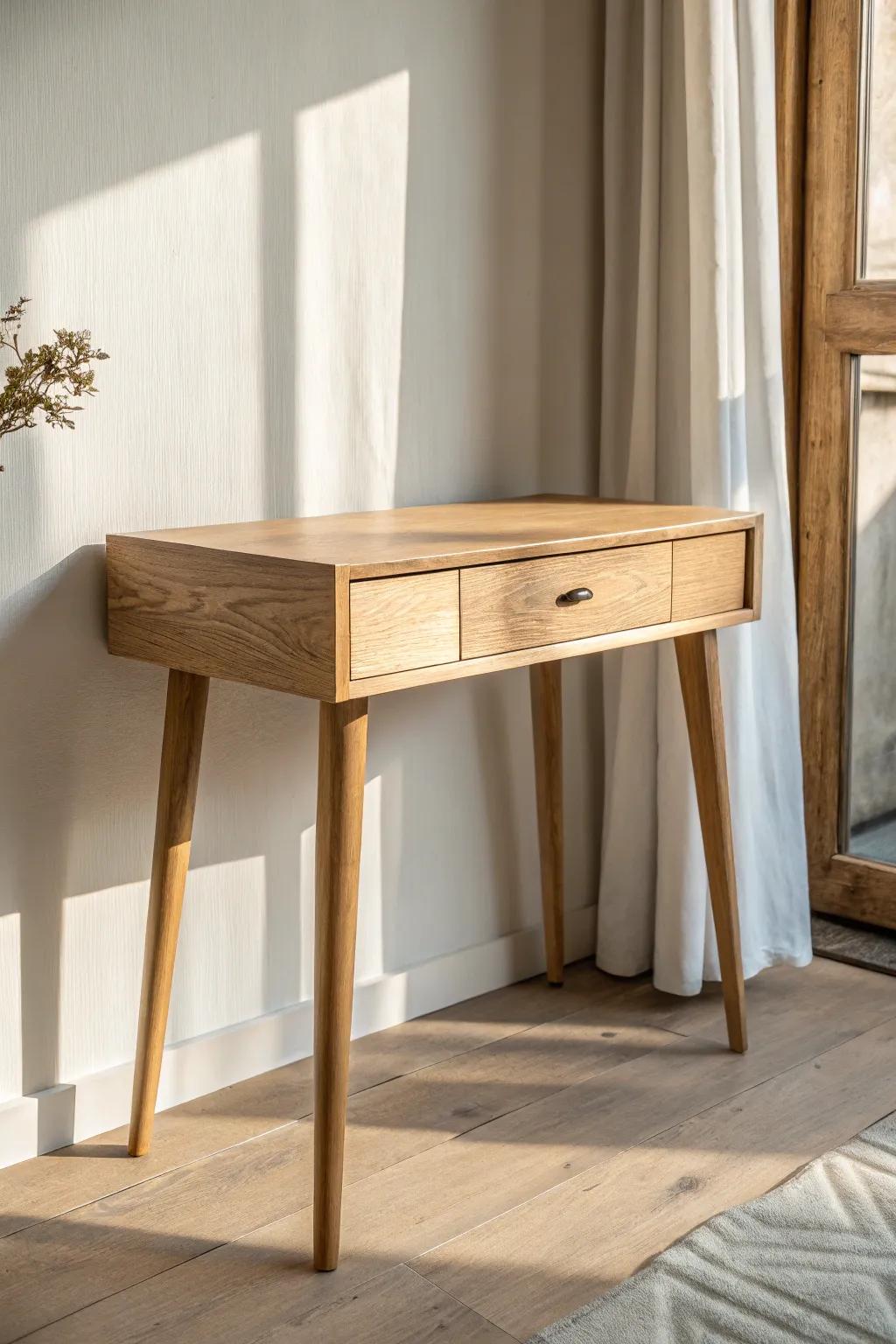 A slim, shallow oak vanity with one drawer—perfect for narrow rooms without feeling cramped.