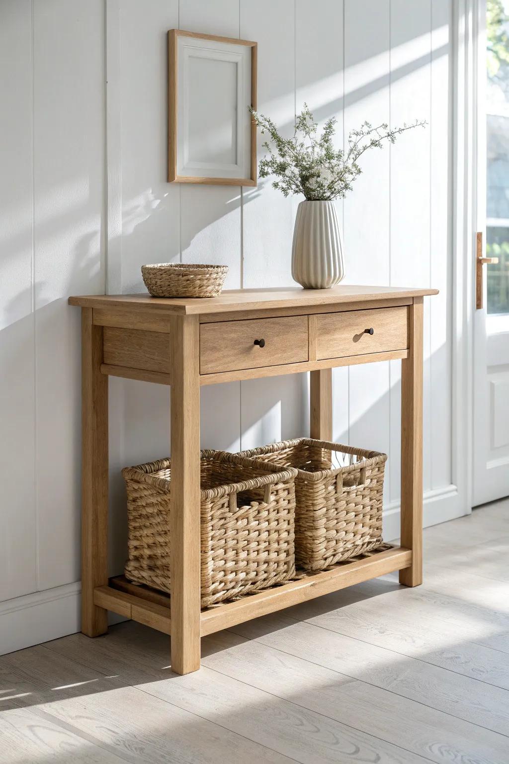 Tuck woven baskets under a small entry table for chic, hidden storage with warm texture.