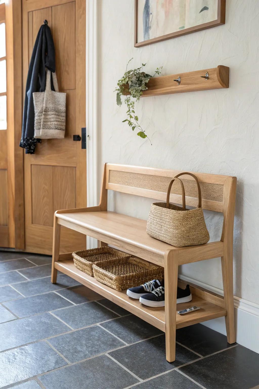 A slim oak bench with a tiny drop shelf—your keys and mail finally have a perfect home.