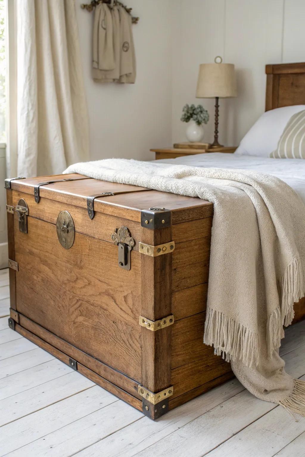 A sanded, waxed vintage trunk adds farmhouse charm and hidden storage at the bed’s foot.