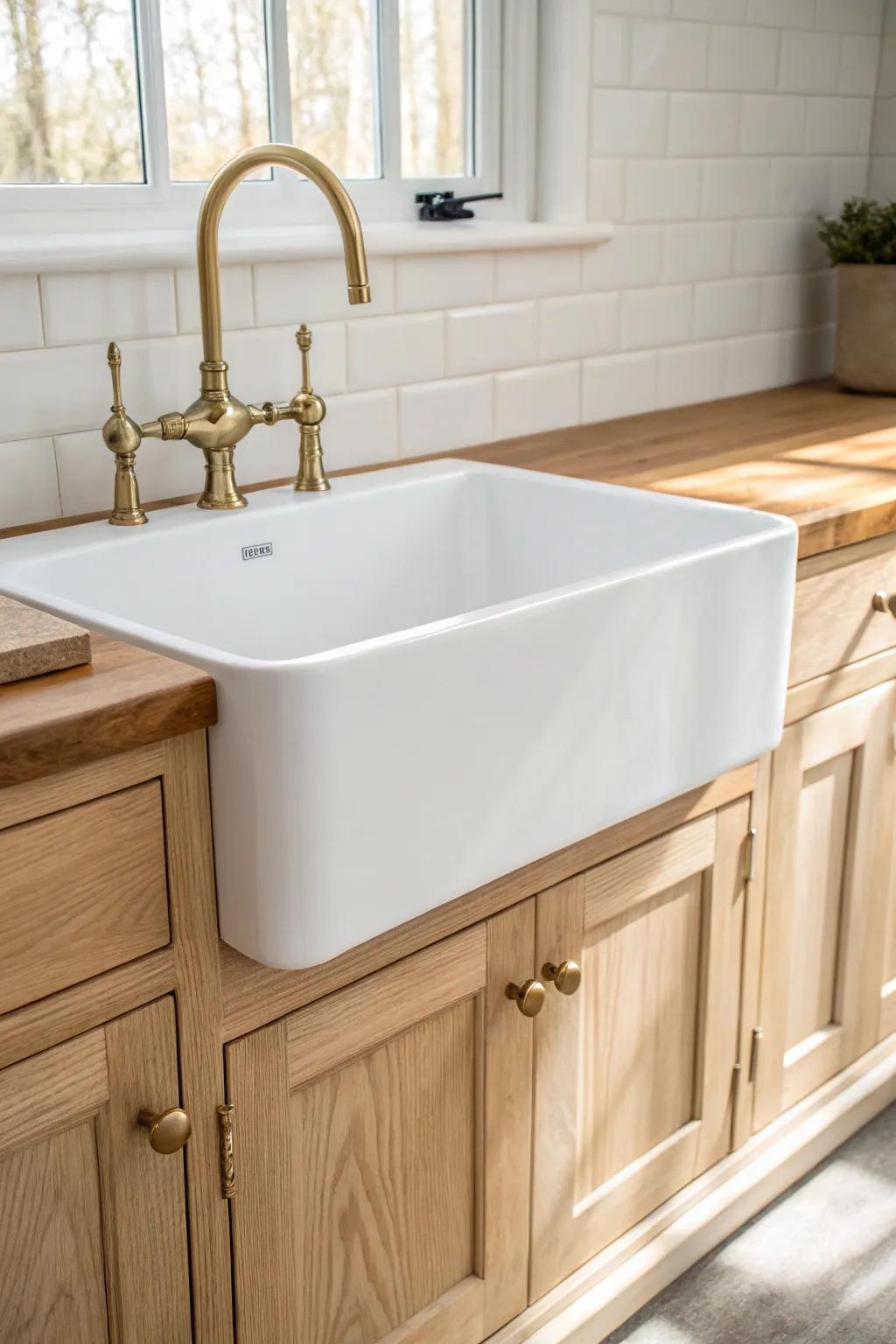 A crisp white apron-front sink against warm oak—small kitchen upgrade with big farmhouse charm.