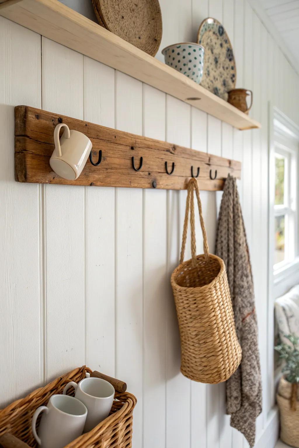 Scrap-wood peg rail: a budget-friendly farmhouse upgrade for mugs, towels, and tiny baskets.