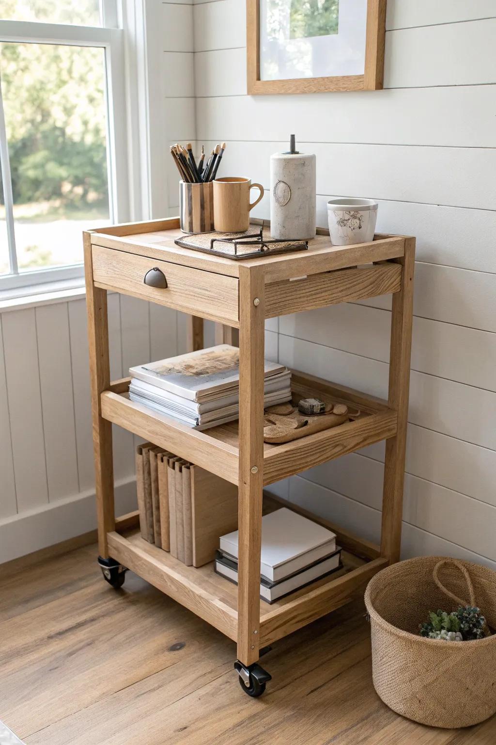 Slim wooden rolling cart keeps farmhouse office supplies close—then tucks away for calm.