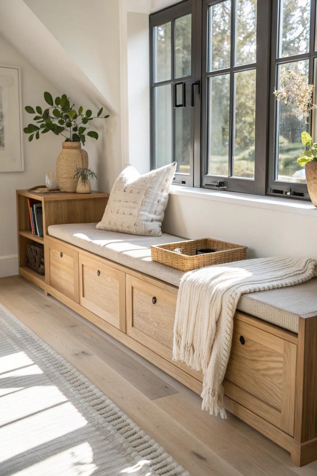 A light-oak window bench with hidden storage—cozy transition seating for kitchen to living.