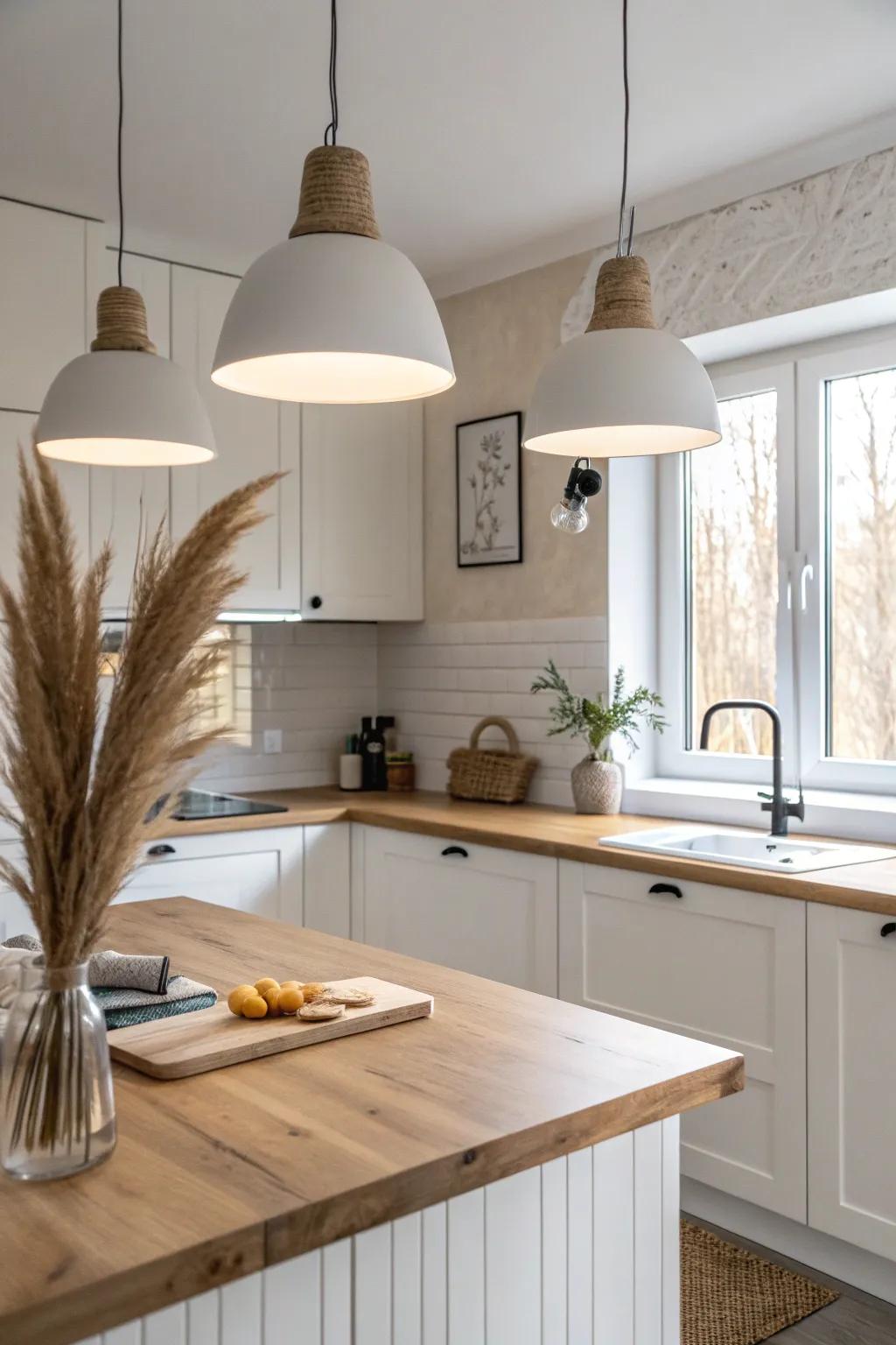 Simple twin pendants instantly make a small L-shaped kitchen island feel finished.