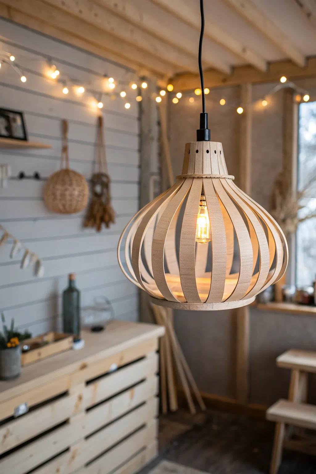 Cozy man-cave shed vibes: warm pendant glow with subtle string lights for layered comfort.