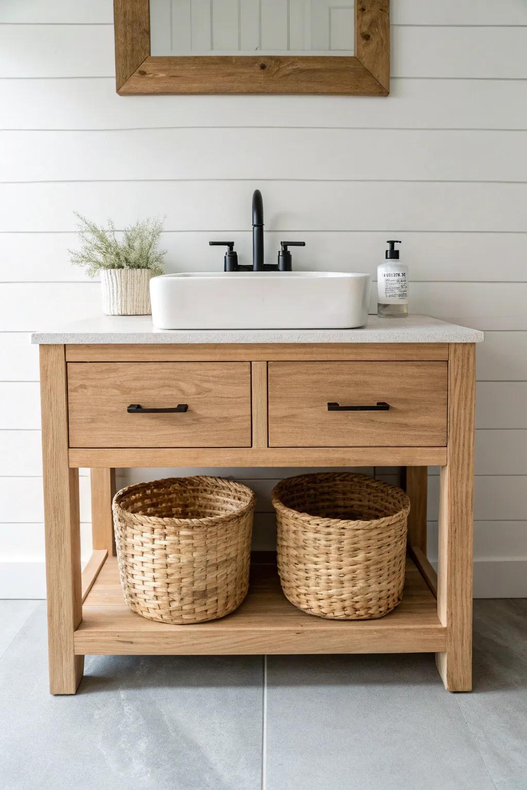 An open-bottom oak vanity with woven baskets keeps the floor visible and the bath feeling airy.