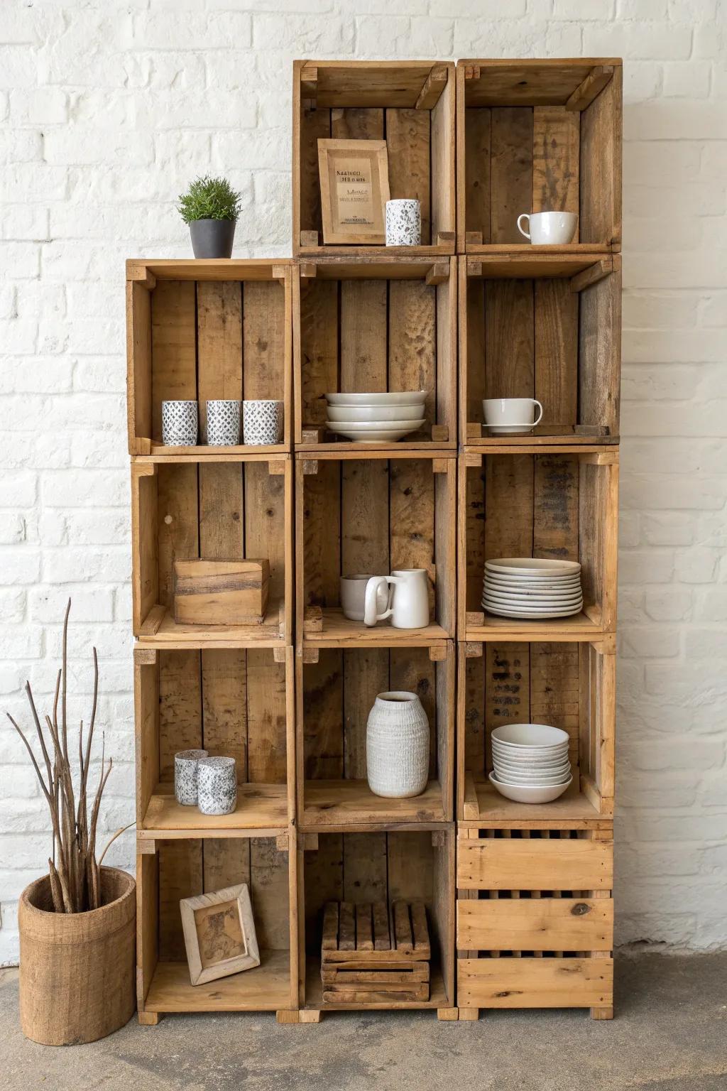 Reclaimed crate mosaic wall: cubby-style retail shelving with warm wood grain and depth.