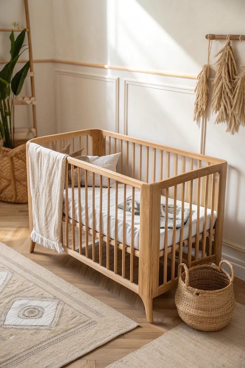 Light walls + warm pale oak: a tiny nursery feels airy, calm, and beautifully handcrafted.