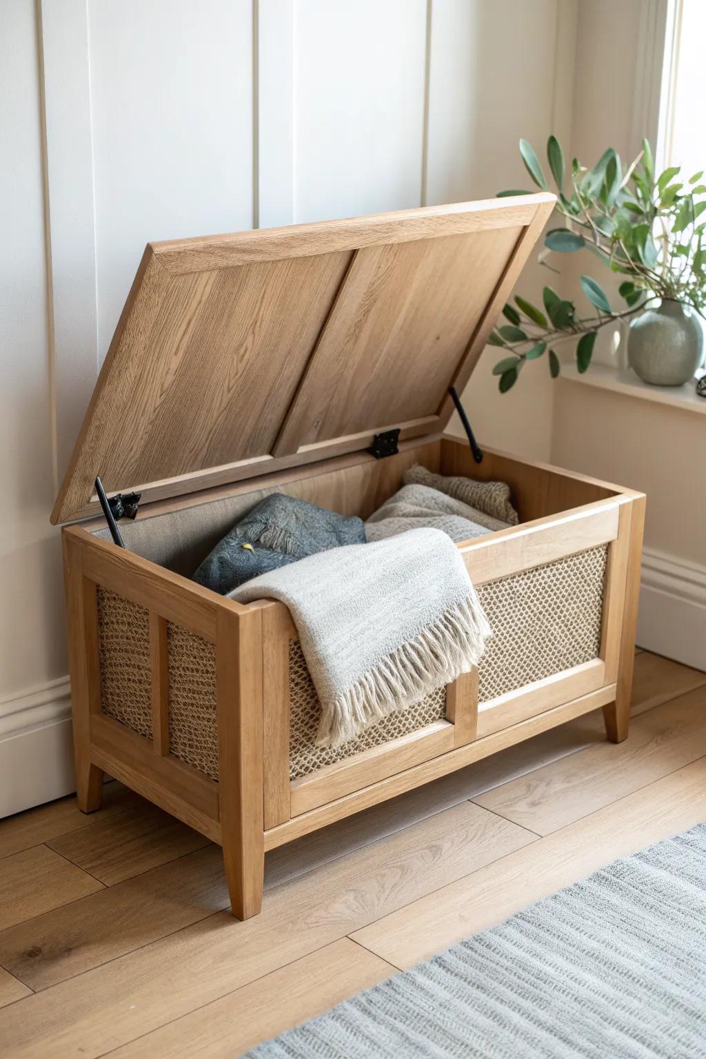 A flip-top ottoman bench that looks chic—yet hides comforters in deep, tidy storage.