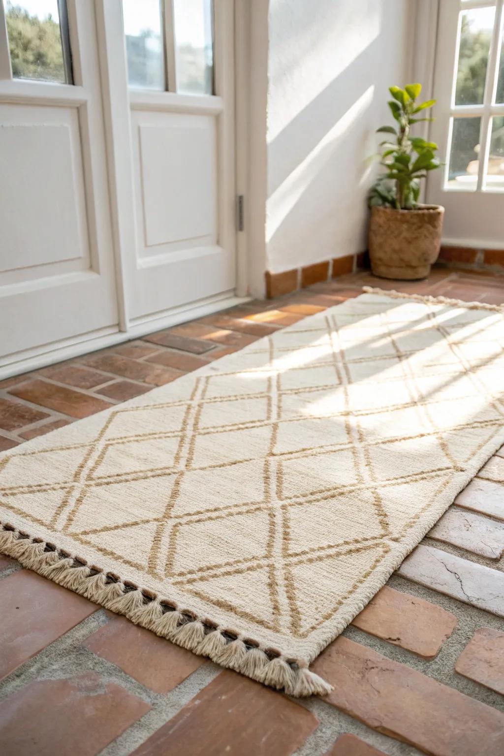 A low-pile rug over brick tiles softens echoes and makes a sunroom office feel complete.