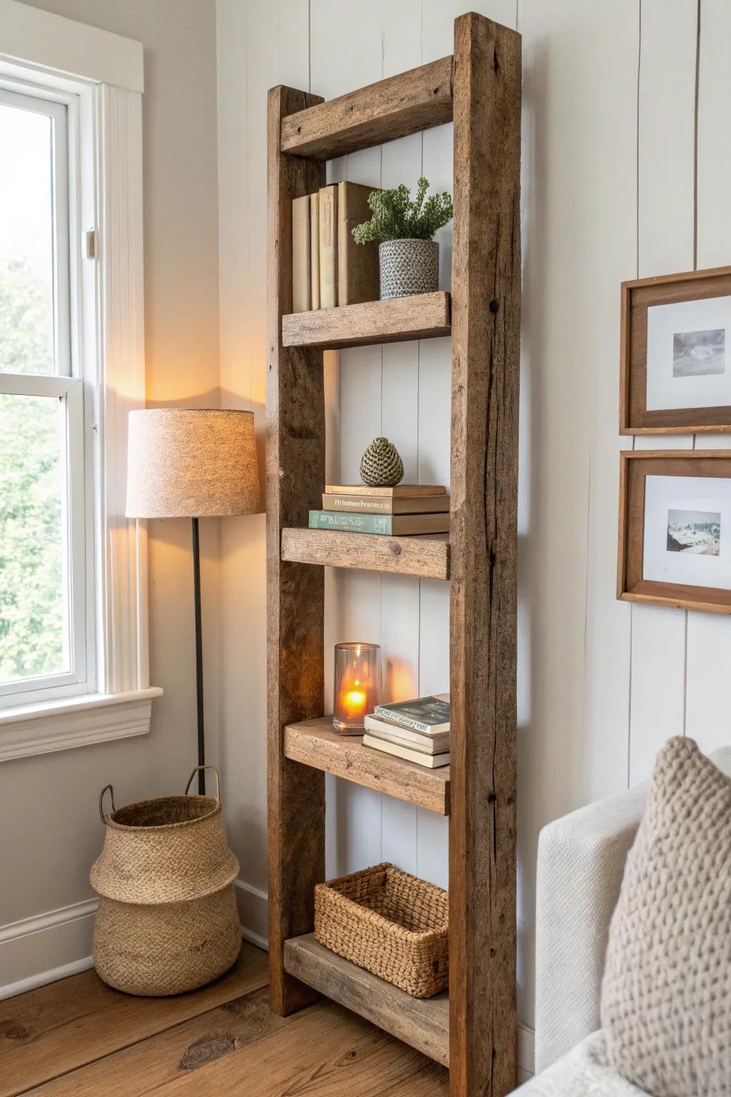 Reclaimed wood shelves + a tiny lamp glow turn small living rooms into cozy retreats.