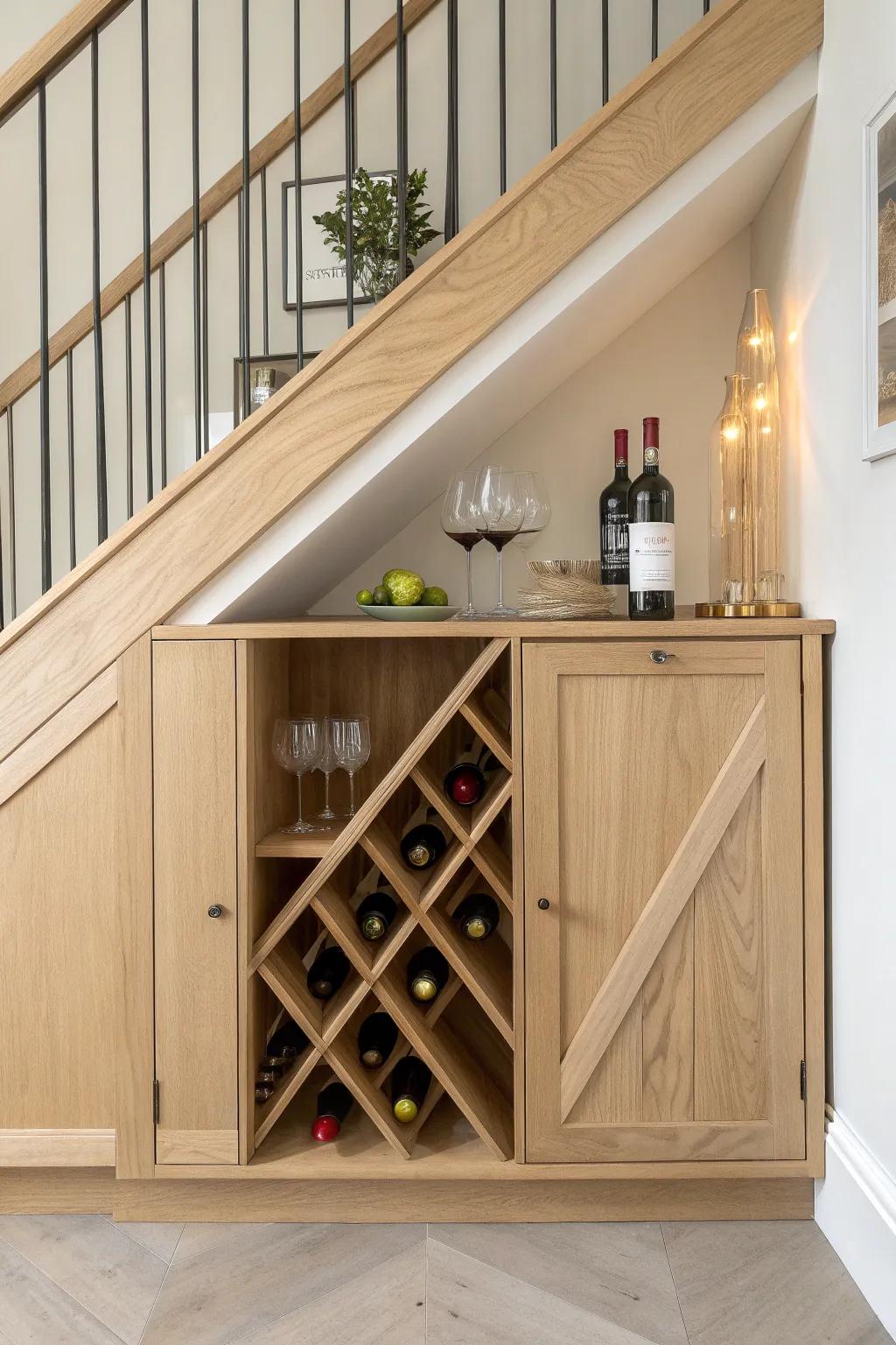 A cozy under-stairs oak tasting nook: slim counter, warm sconce glow, and a tidy wine rack.