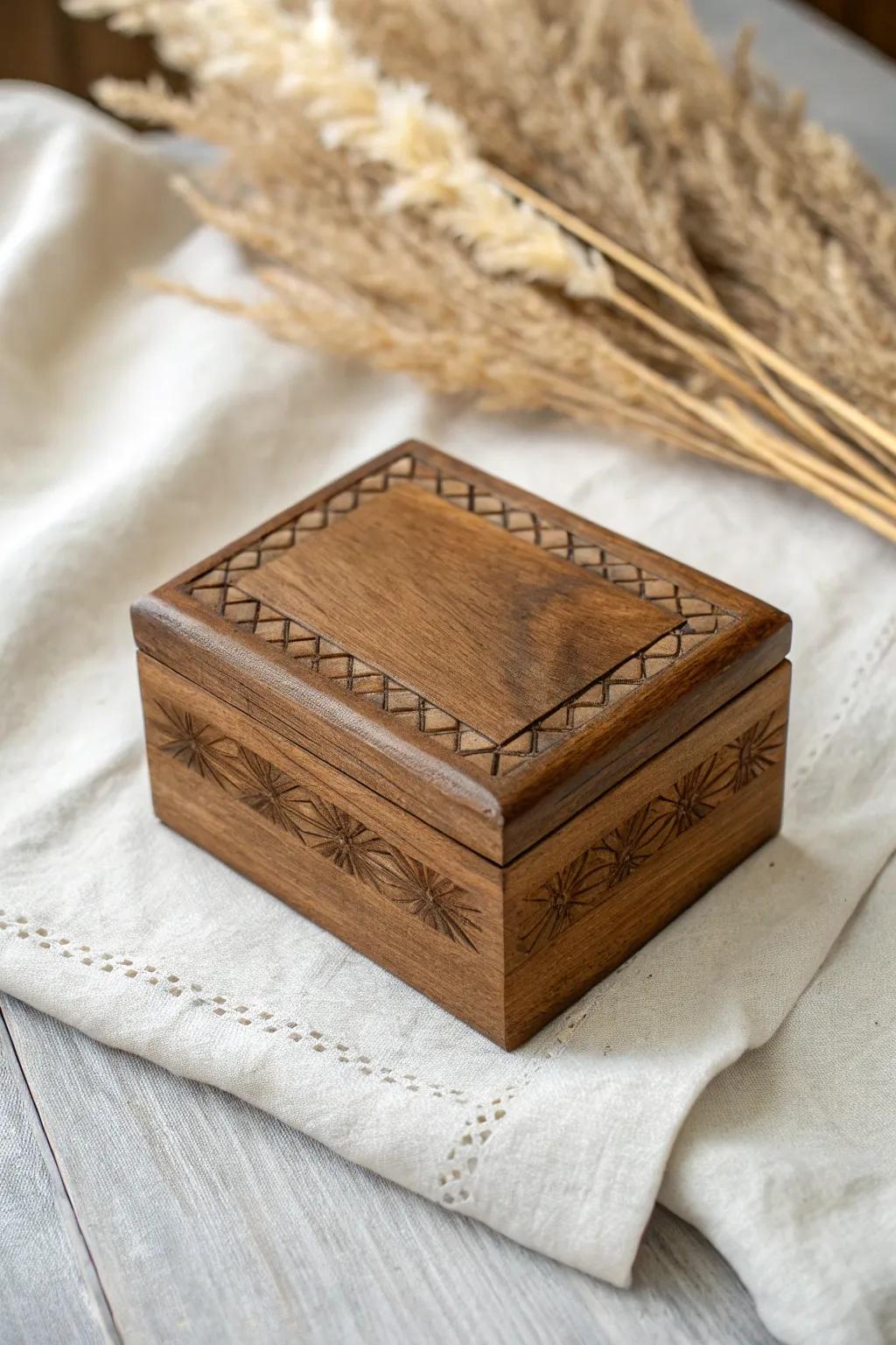 Warm walnut stain meets delicate carving—grain-forward detail with effortless Nordic calm.