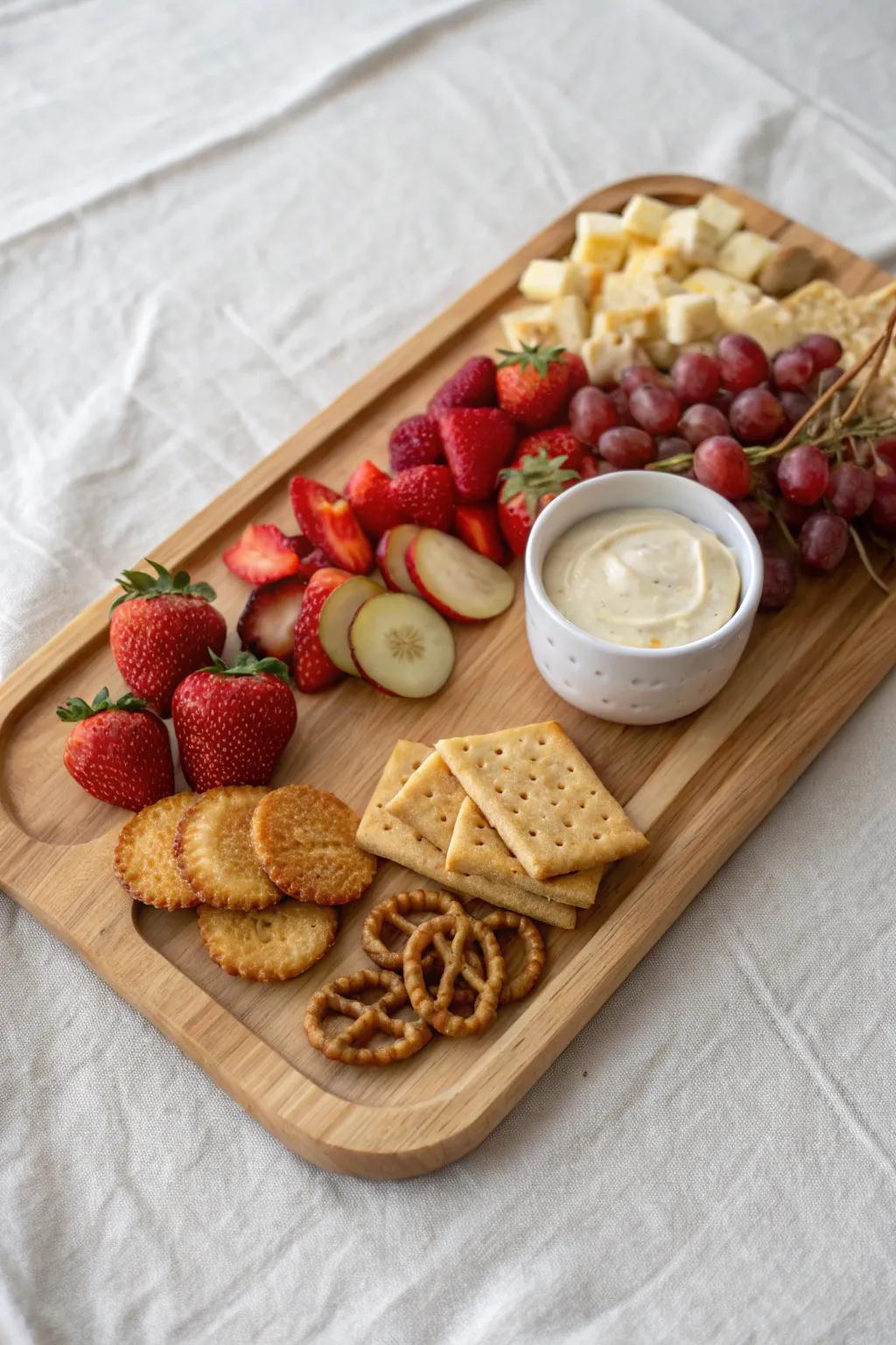 Kid-friendly after-school snack board with a “safe zone” corner—simple, pretty, and picky-eater approved.