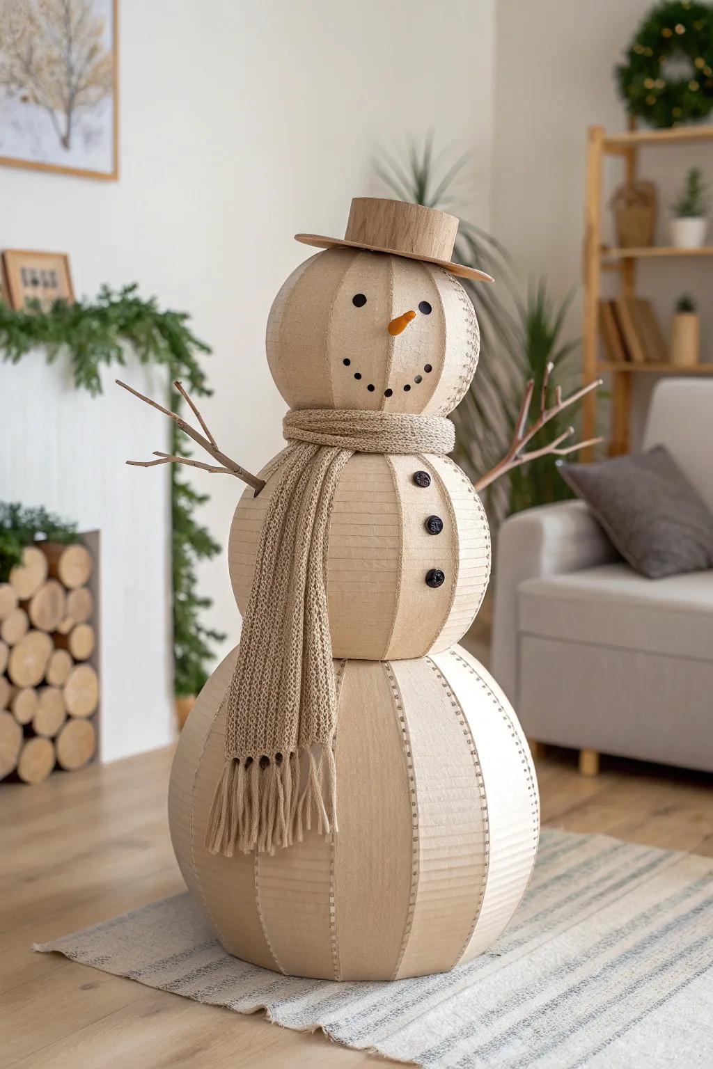 Transform recycled cardboard into a chic snowman masterpiece, blending minimalist elegance with a boho touch. #EcoFriendlyCrafts #ScandinavianStyle